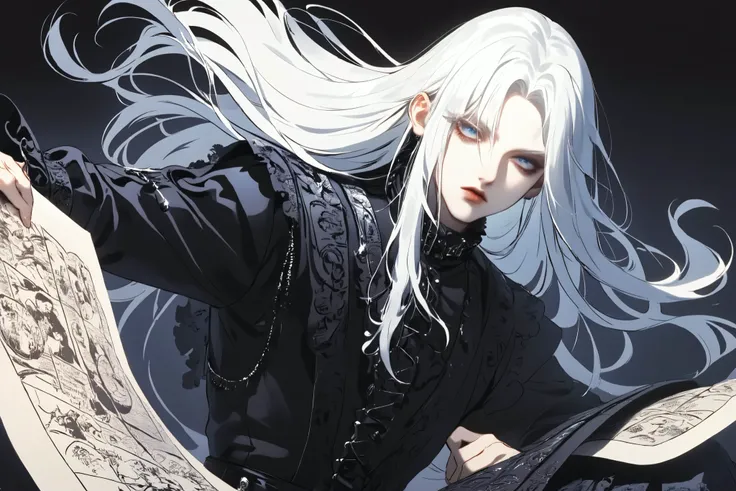 The man with white hair, pale skin , blue eyes, solo, Long hair, jewelry, masterpiece, high quality, Contemptuous look , Strictness, Dutch corner, Shine, background defocus, Fluorescence, ray tracing, illustration, Gothic, dark magician, The Mag...