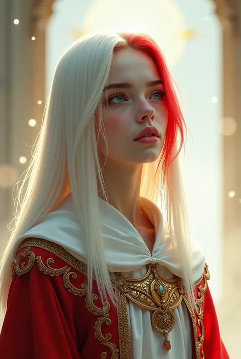  A beautiful girl with medium length white straight hair and one red lock in front, dressed as a saint 