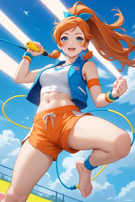 For a Jumping-inspired outfit for Orihime, keeping her navel and bare feet exposed, here’s a fun, dynamic design that allows for freedom and energy:

Top:

Cropped athletic tank top: A bright-colored, fitted tank top (like neon yellow, blue, or orange) tha...