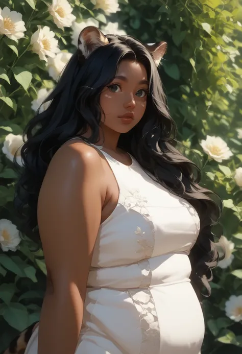 Anime illustration, semi-realistic, brown skin chubby woman with ocelot ears, dark skin, dark brown skin, demihuman, ocelot ears on head, ocelot tail, only ocelot ears, (((plus size body))), ((chubby body)), chubby face, round face, no human ears, no earri...