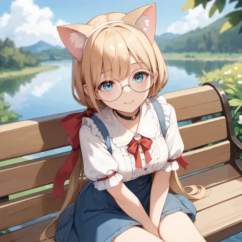 score_9, score_8_up, score_7_up, source_anime, 1girl, sitting on bench, cute, cat ears, round glasses, white blouse, ribbon, background lake:0.6, depth of field, masterpiece, best quality, highly detailed