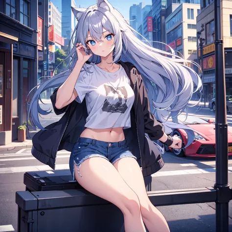 Masterpiece 1.2), top quality, 8k))), in the seat , adult, messy hair, long hair, hair, wolf cut, blue eyes, t-shirt, jacket  , shorts ,  Medium Hips  ,   Half Body Portraits, city street,  dynamic pose with an enema , adult, city,   knight , Beautiful lig...