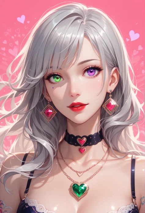  top quality, Super Fine, 16k,  incredibly high resolution,  extremely detailed,  Delicate and Dynamic,  COOL AND BEAUTIFUL NICE WOMAN ,  Silver Unkempt Hair , (  heterochromia,  emerald green eyes ,  purple eyes ), The face is painted hot pink as shown in...