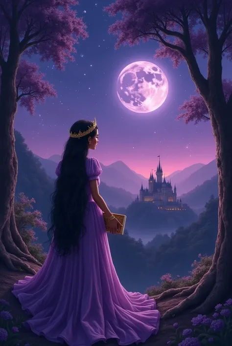 Make an art,  starry sky , a beautiful forest in the background , The moon in purple, Moon not so big, a small village in the background,  in shades of purple and black, And a castle , And a brown-skinned princess looking at the sky, She has a crown on her...