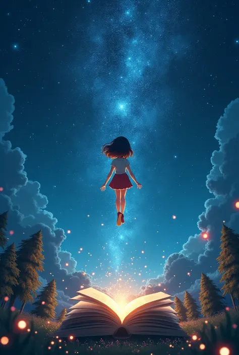 Make a  character, pose falling down like sky diving with a stars sky beautiful galaxy night time, below it is a world of books and with many cools effects to make it looks so cool with light and dots of lights that resemble fairies, this is a poster so th...