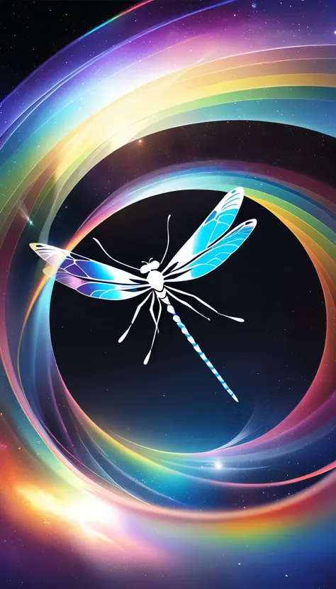  A dragonfly flies through beautiful rainbow-colored space-time , Alone,  swirl glasses,  holographic reflection , Imitation of spatial transition ,  Concept Art, I'm wearing the latest digital art 