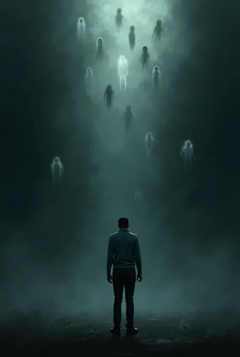  Sad man surrounded by ghosts that seem to haunt him, looking into a deep void .