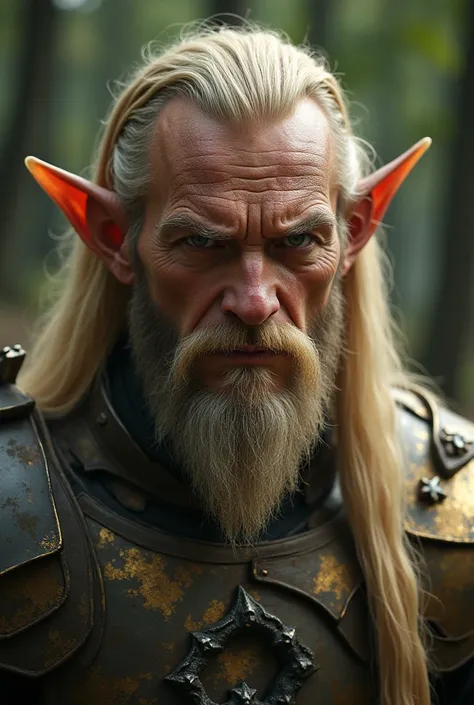 Close-up, 40 year old man, pointed elf ears, rough face, completely beardless, very long straight blond hair, stern expression, antique bronze armor, combat pose, dynamic pose, complex fantasy character, cinematic lighting, fantasy, magic, detailed backgro...