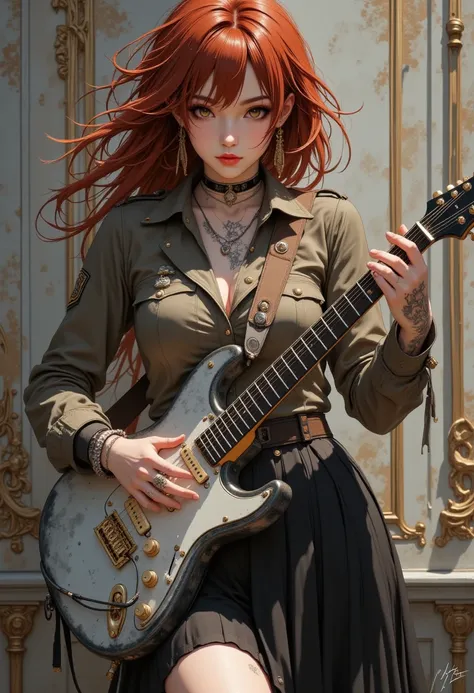 ultra detailed, absolutely resolution, masterpiece. 
cool woman is playing the electric guitar using tapping techniques, shining glossy silky messy red hair, hair over one eye, vivid and seductive expression, wearing military uniform with long pleated skir...