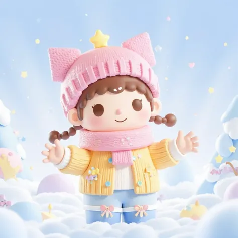  cute、 boys、 chibi、Pants、 muffler 、 cardigan with hands、 knitted hat 、blue、1 person、Short Hair、round fairy