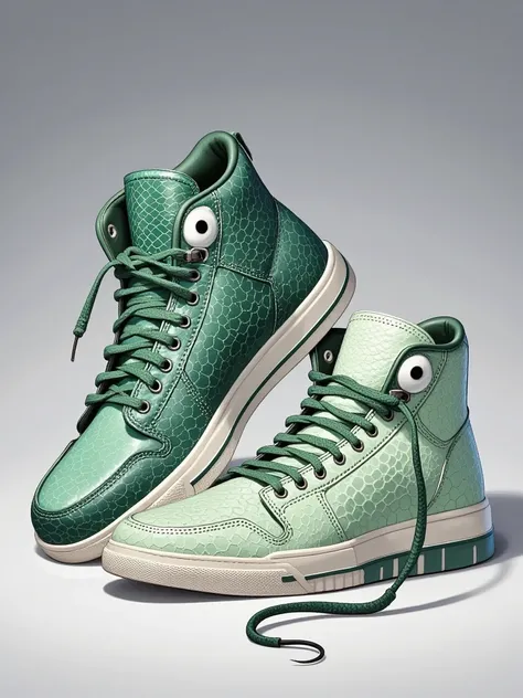 Illustrate a pair of high-top sneakers inspired by the characteristics of a snake. Imagine them to be made of high-quality, faux-snake skin material in varying shades of green, having certain unique features like scale patterns across the outer layer, snak...