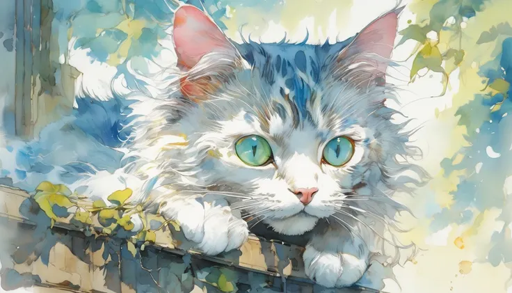  artwork：Katsuya Terada 8K,  high resolution, Precise and detailed masterpieces , (Summer vacation:1.4), A cute cat and  ,  transparent ,  blue shining eyes , Blue cat with light green eyes,  intermediate shot,   blue hair , Organic Shape, Hard Edge,  anat...