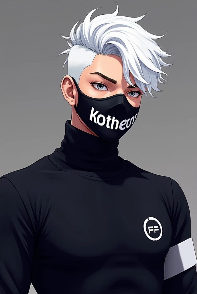 Make a male character from Free Fire , for TikTok profile
White hair 
Black mask on the mouth with the name KOTHEX FF 
Black turtleneck shirt with a white circle

