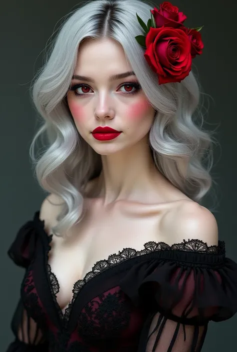 female with hip length silver hair, slanted foxy red eyes, red lips, snow white skin. She dresses in long flowy dark colored off shoulder gowns tight around the chest and ruffled to show only a hint of cleavage adorned in lace details and red roses decorat...