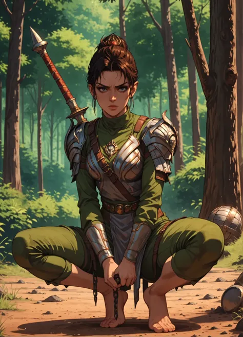 anime_screencap, score_9, score_8_up, score_7_up, score_6_up, score_5_up, score_4_up, Anime, (masterpiece), best quality, stunning woman, nomad woman, dressed in animal_pelts, covered in rags, thick fur, crouched, ((barefoot)), feral, dangerous, holding bl...