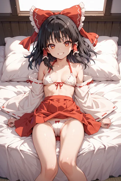  top quality, Reimu Hakurei,  black hair, ribbon,  hair tube ,  skirt,  white skin,  Detachable Sleeves ,   in bed, ( crotch),  smile,  open their mouths, white bikini