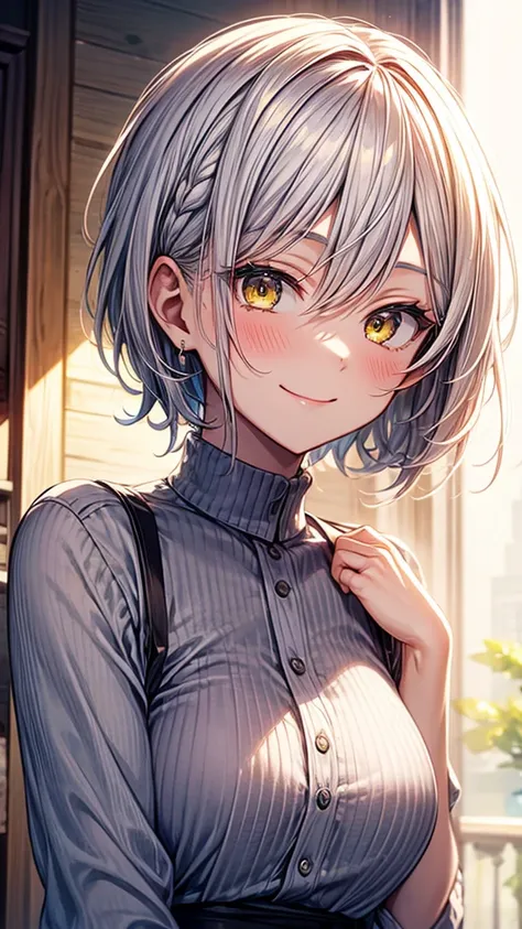 [[[ ultra-detailed, best quality, soft skin, beautiful face, masterpiece, close-up, anime]]] one girl white_hair, yellow amber_eyes, elegant soft, gentle, smiling, casual_fashion, short_hairstyle