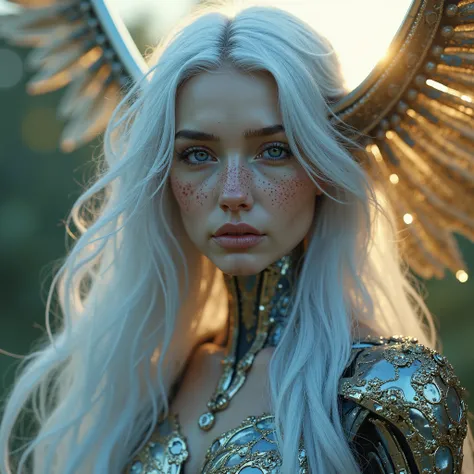 (((A Bio-Mechanical Fusion Evolution of an extremely detaild angel with very long silver hair))). (((Utilize metallic blue, white and gold tones to highlight the synthesis of flesh))), very real looking freckles on her face, golden hour, Picturesque, idyll...