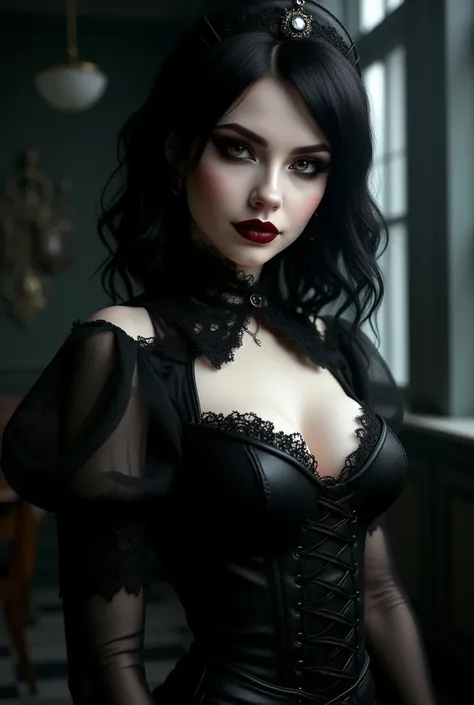 a gothic playful nurse, seductive, mischievous, coy smile, highly detailed, intricate details, porcelain skin, piercing eyes, glossy lips, lace collar, dark outfit, dramatic lighting, moody atmosphere, cinematic, oil painting, dramatic shadows, contrasting...