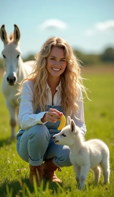 "A vast, lush green meadow stretches under a brilliant blue sky, its vibrant grass swaying gently in the breeze. In the foreground, a majestic white mother donkey stands proudly, but what makes this scene extraordinary is that her five to six baby donkeys ...