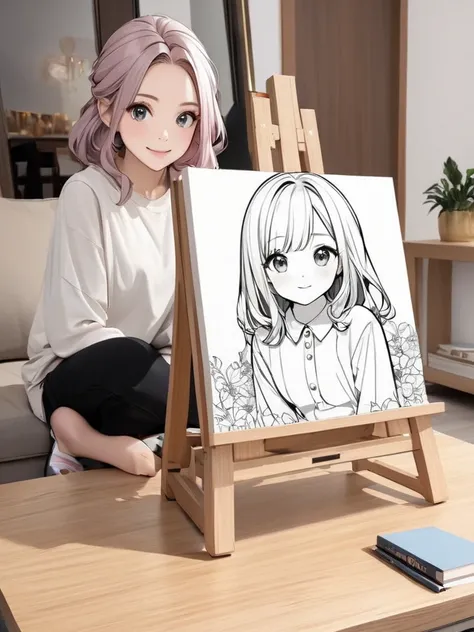 Want the character in the picture to be sitting on the table in the living room, color the hair to match the character in the picture a little.