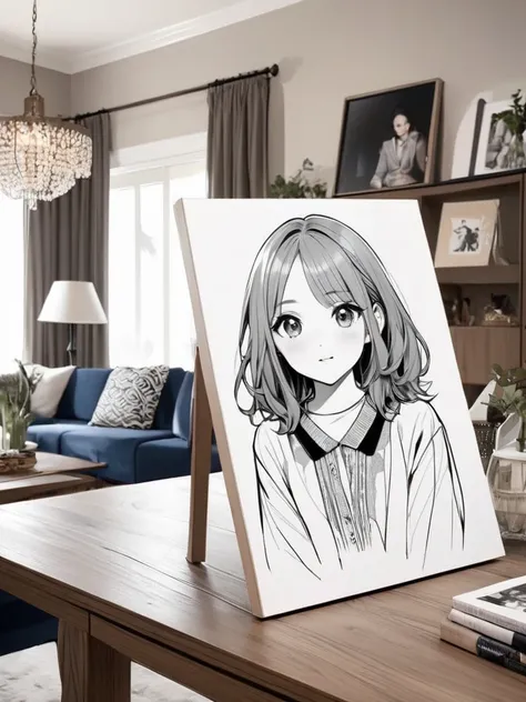 Want the character in the picture to be sitting on the table in the living room, color the hair to match the character in the picture a little.