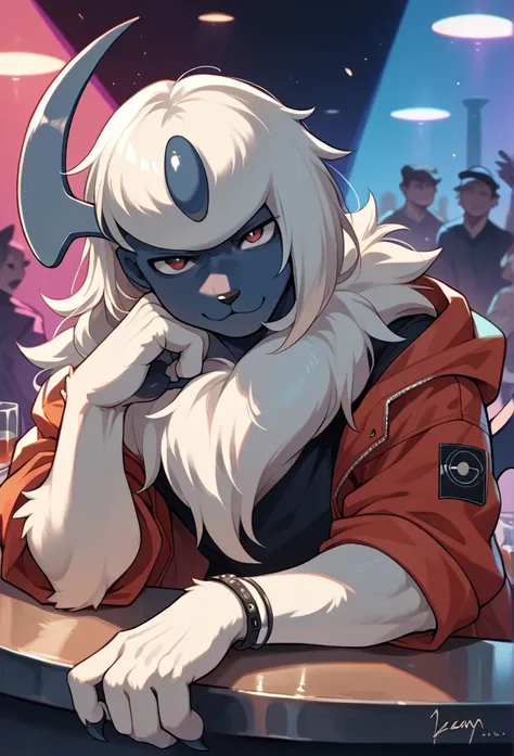 solo, male, absol pokemon, fluffy fur, lean body, source anime, best quality, seductive expression, nightclub setting