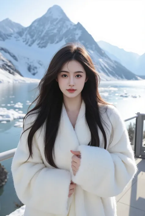 /imagine prompt: A stunning young woman with long black hair and fair skin, standing on a deck with a breathtaking view of snow-covered mountains and icy waters behind her. She wears an elegant white faux fur coat, wrapping it around herself for warmth. He...