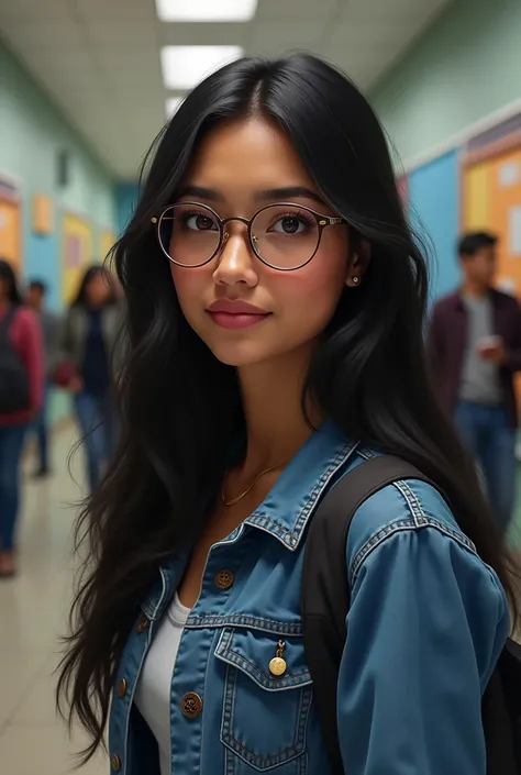 Create the realistic image of a 19-year-old Brazilian woman with long black hair, with glasses, in a denim jacket, in a college 