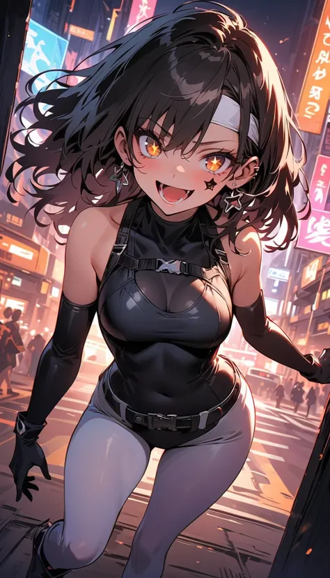 ( beautiful girl : 1.3),Girl People,( black competitive swimsuit, turtleneck,White leggings,headband, earrings,belt,Harness,Long gloves, boots,Assault rifle), Hair, wavy hair, barcode tattoo on cheek,(Star-shaped pupil,+_+, symbol shaped pupils ,Sparkling ...