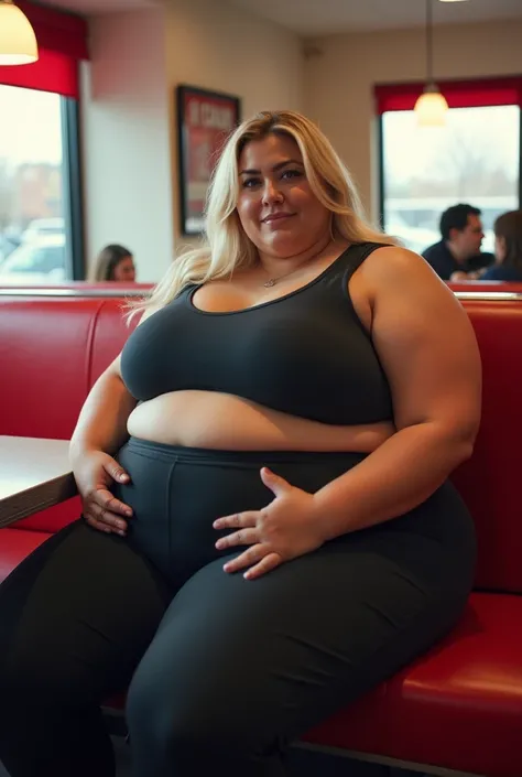 plus-size model with tight athleisure outfit sitting in a fast food restaurant booth, morbidly obese, white woman, beautiful face, perfect face, too fat for the booth, too fat to stand up, tight space, lipedema, extremely fat body, weighs over 1000 pounds,...