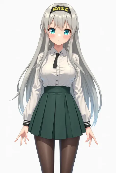 anime girl with hands to the sides with long but not very ashy hair with a headband, short dark green pleated skirt (not a pencil skirt )  with black stockings and turquoise eyes standing straight and straight facing the camera in full height with large br...