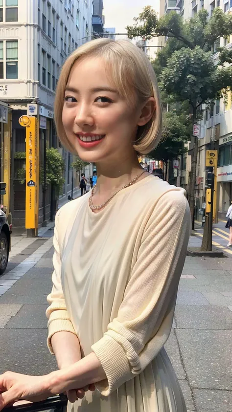 ( top quality, 16k,  Masterpiece,  super high resolution: 1.2), Photo Beautiful Japanese woman  , room,  Her shy smile is so beautiful:1.8、(( pale skin on a street car:1.5))，Beautiful Features, perfect figure,  curly short hair,  full body photo, Extra lar...