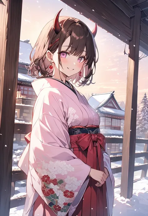 Alone， medium hair，Dark brown hair， Pink Highlights at the Tip，woman， Light Pink Eyes ，Japanese pattern， demon horns，smile，morning，Hakama， simple earrings，Scattered Snow 