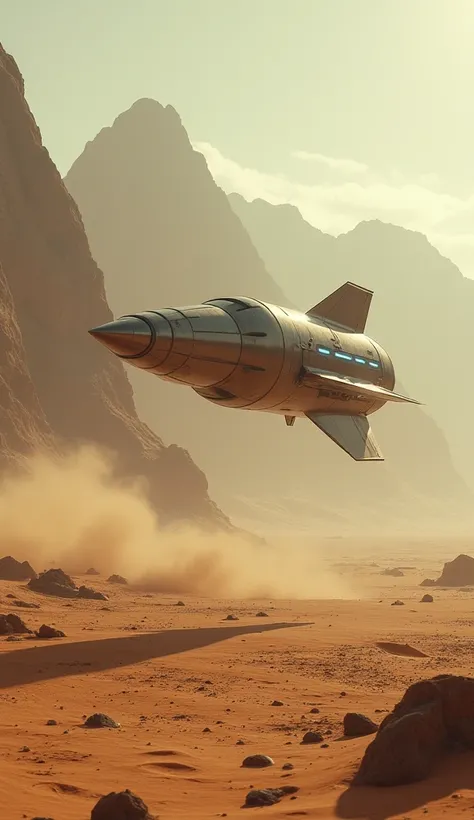 A bullet shaped rocket ship coming in to land on a sandy barren planet, mountains in the distance, beautiful sci fi cinematic dtill in the style of Alien