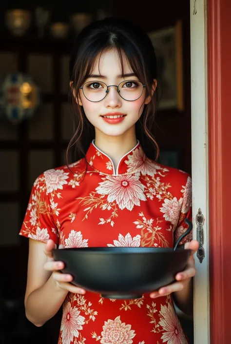 (( top quality)), ((傑 top quality、 Masterpiece、High sensitivity、 high resolution、 detailed depiction of up to the front door、 delicate face with a playful smile))Slender Woman、Glasses、 china dress、Hold the wok 、