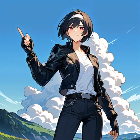  1 girl, Alone, chest, , smile,  short hair,  shirt,   black hair,  Red Eyes,  gloves,  jacket , white  shirt, sweat, Outdoors,  take off my clothes, null, day, black  gloves, belt,   pants, cloud, fingerless  gloves,  green, open  jacket , blue null, blac...