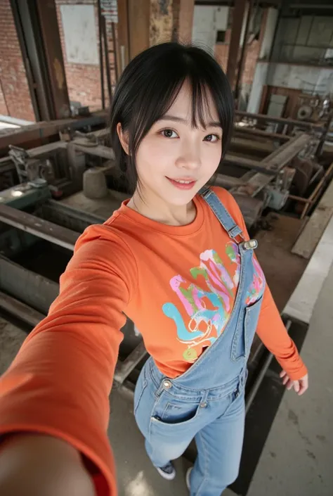 a beautiful asian girl, slightly chubby, reaching towards the viewer,pixiecut short black hair, hands out of frame, selfie, from above, dutch angle, big breasts, Thai woman with long hair, grinning, wearing a thick orange long-sleeved t-shirt patterned wit...