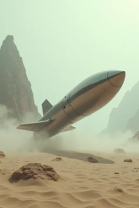 A Photograph,  realistic,  A bullet shaped rocket ship coming in to land on a sandy barren planet, mountains in the distance, beautiful sci fi cinematic still in the style of 20001 a space Odyssey   pale misty dystopian landscape 