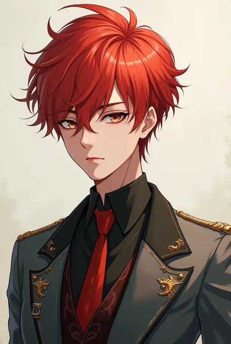 Red-haired, unemotional 19-year-old boy with elegant, anime-style clothing 