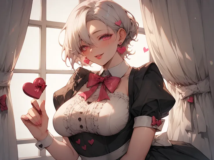 MILF, big breasts, thick thighs, short white hair, pink eyes, butler, valentine, hearts, love