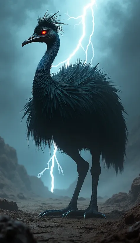 A terrifying hybrid of a cassowary and an emu fused into a monstrous entity. Its body is a seamless blend of the cassowary’s muscular build and the emu’s towering height, with jagged, darkened feathers that appear razor-sharp. Its head features an enlarged...