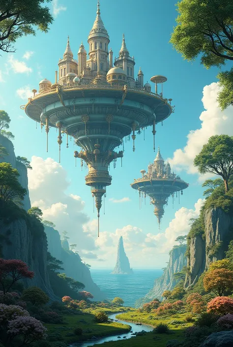   steampunk 。There is a beautiful garden 、  with islands and cathedrals floating in the sky。blue sky。 Baiyun 。Sound of the sea。