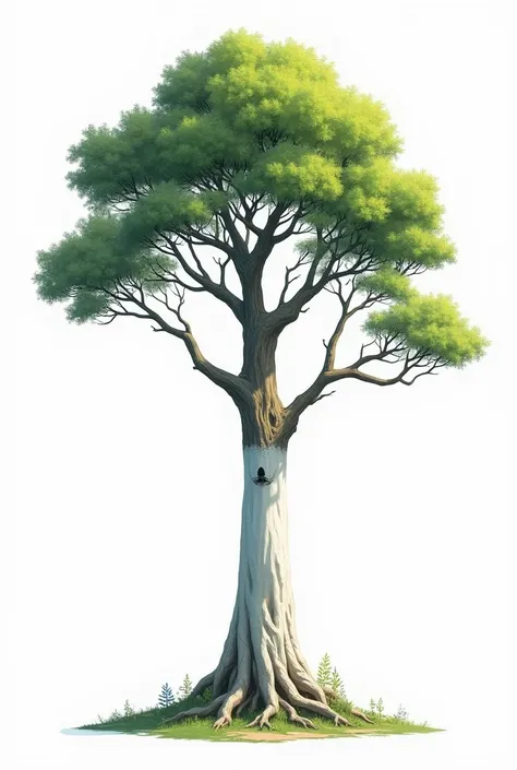 A big tree, with a half-white trunk and spaced branches. The view of the tree must be lateral and cover the whole tree. the background must be transparent. The leaves must be green.