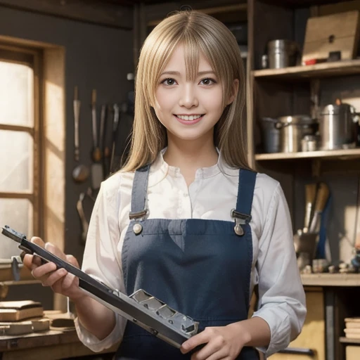 The scene in which Winry Rockbell from "Fullmetal Alchemist" is making automail, she is standing in front of a workbench, holding a precision tool in her hand, metal parts and drawings are surrounding her. Scattered, strong lights illuminate the workshop, ...