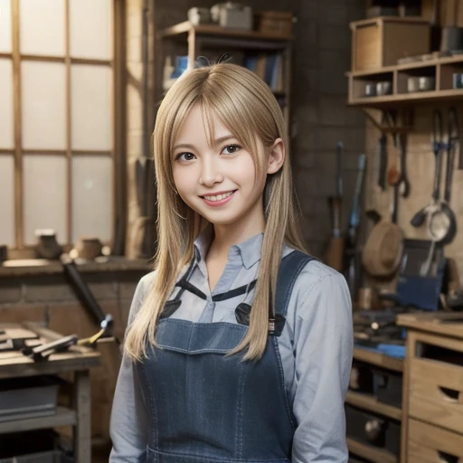 The scene in which Winry Rockbell from "Fullmetal Alchemist" is making automail, she is standing in front of a workbench, holding a precision tool in her hand, metal parts and drawings are surrounding her. Scattered, strong lights illuminate the workshop, ...