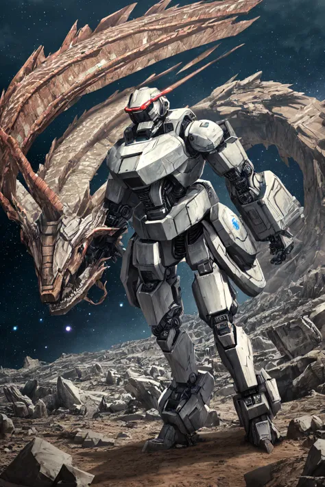 ((A beautiful galaxy)),A robotic creature with the appearance of a dragon,Robotic load oak,Machine monster,Desolate planet,invaders.3d live-action animation.