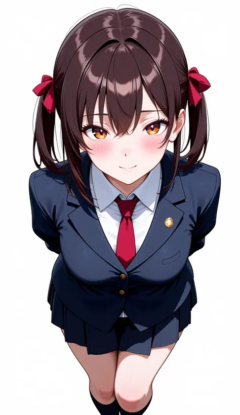 adult,(((solo))),source_anime,1 girl,dark brown hair,two side up hair tied thin red ribbon,shoulder-length hair,(((short hair))),school uniform,blazer,long sleeves,thin short red necktie,pleated skirt,socks,loafers,studio anime style,masterpiece,best quali...