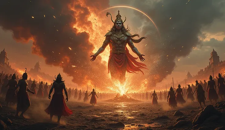 Create an image of An end of Kalyug According to Hindu Mythology with some religious and ancient war in which Hindu Gods And Demons are fighting and some warriors and died in war and some money in the video with dark sky and destructive environment everyon...