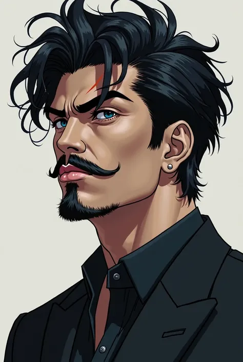 Anime curly black hair thin mustache, barbicha, Suit